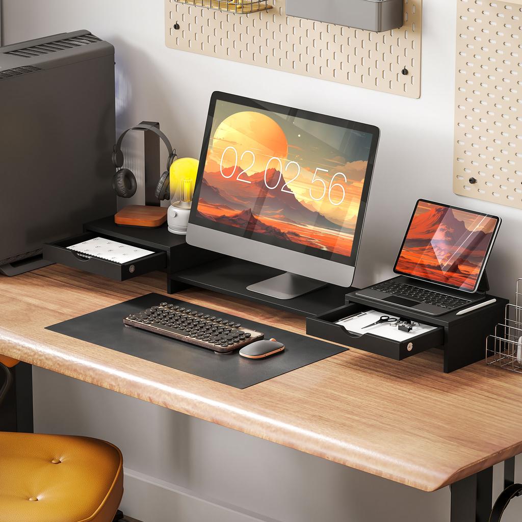 Dual Monitor Stand Riser with 2 Drawers, Adjustable Length and Angle, 116cm Monitor Riser for Laptop, Computer, PC, Small Printer, Black