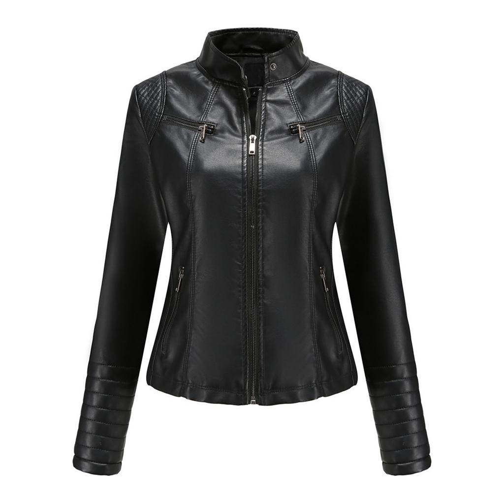 Women's Slim Leather Stand-Up Collar Zipper Stitching Solid Color Jacket