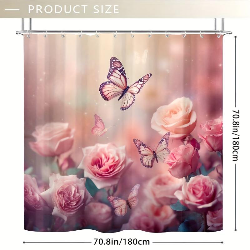 1PC Spring Easter Shower Curtain, Pink Roses & Butterflies, Durable Polyester, Easy Clean, for Bathroom & Window Decor
