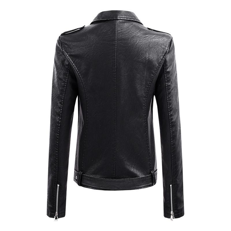 European Spring Women's Short Leather Motorcycle Jacket with Lapel Collar