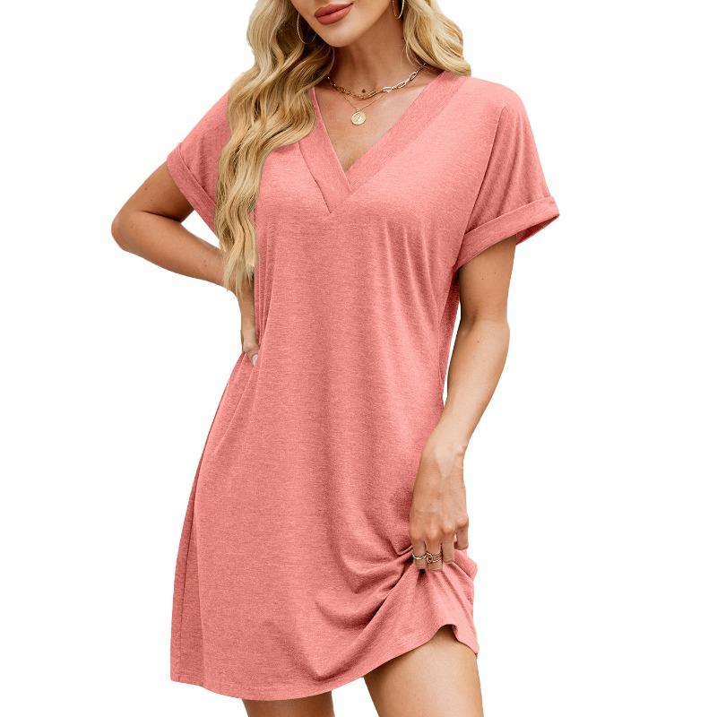 Women's Spring/summer Solid Color V-neck Loose Short-sleeved Casual Dress