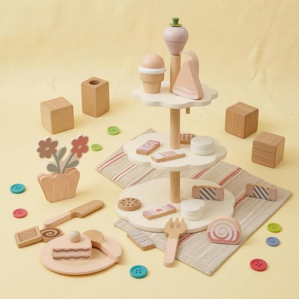 Wooden Dessert Playset Smooth Painted Finish Pretend Confectionery Stand Assorted Accessories