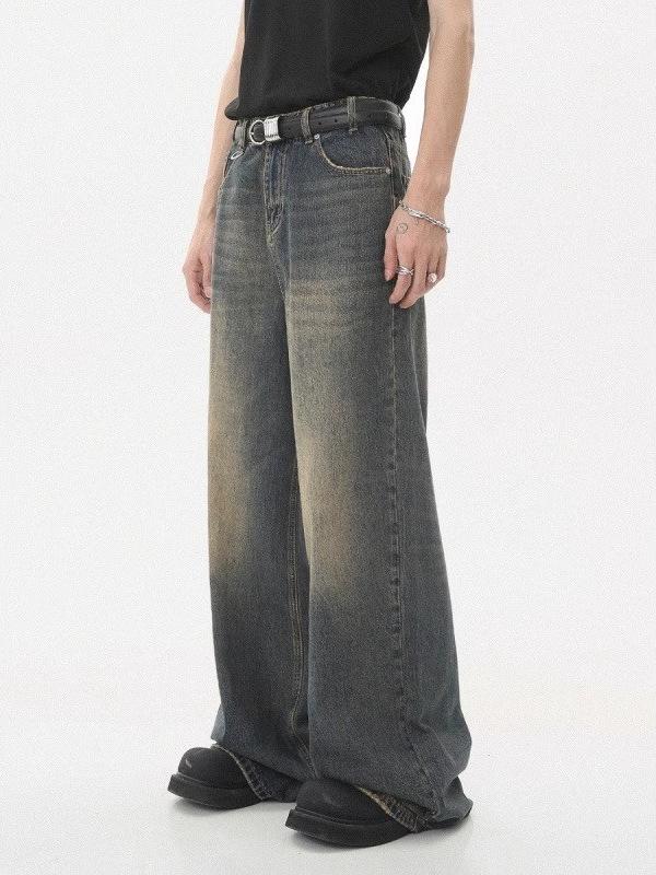 Men's Vintage Washed Wide-Leg Jeans: Retro Straight, Loose Drape, Floor-Length, Spring/Autumn 2025.