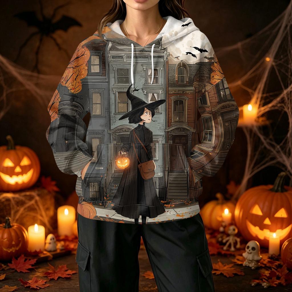 Women's Casual Halloween Print Hoodie with Front Pockets