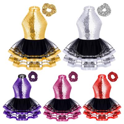 Girls Halter Sleeveless Backless Tutu Dress Shiny Sequins Decorated Dance Costume Included Hair Tie Headwear