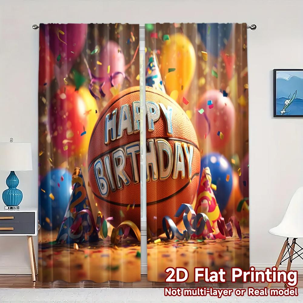 

Set Of 2 Flat Printing Curtains Without Rod Basketball Party Chic Polyester Easy Install Room Decor Curtain Made W100*H70(CM)-Hooks&1PCS