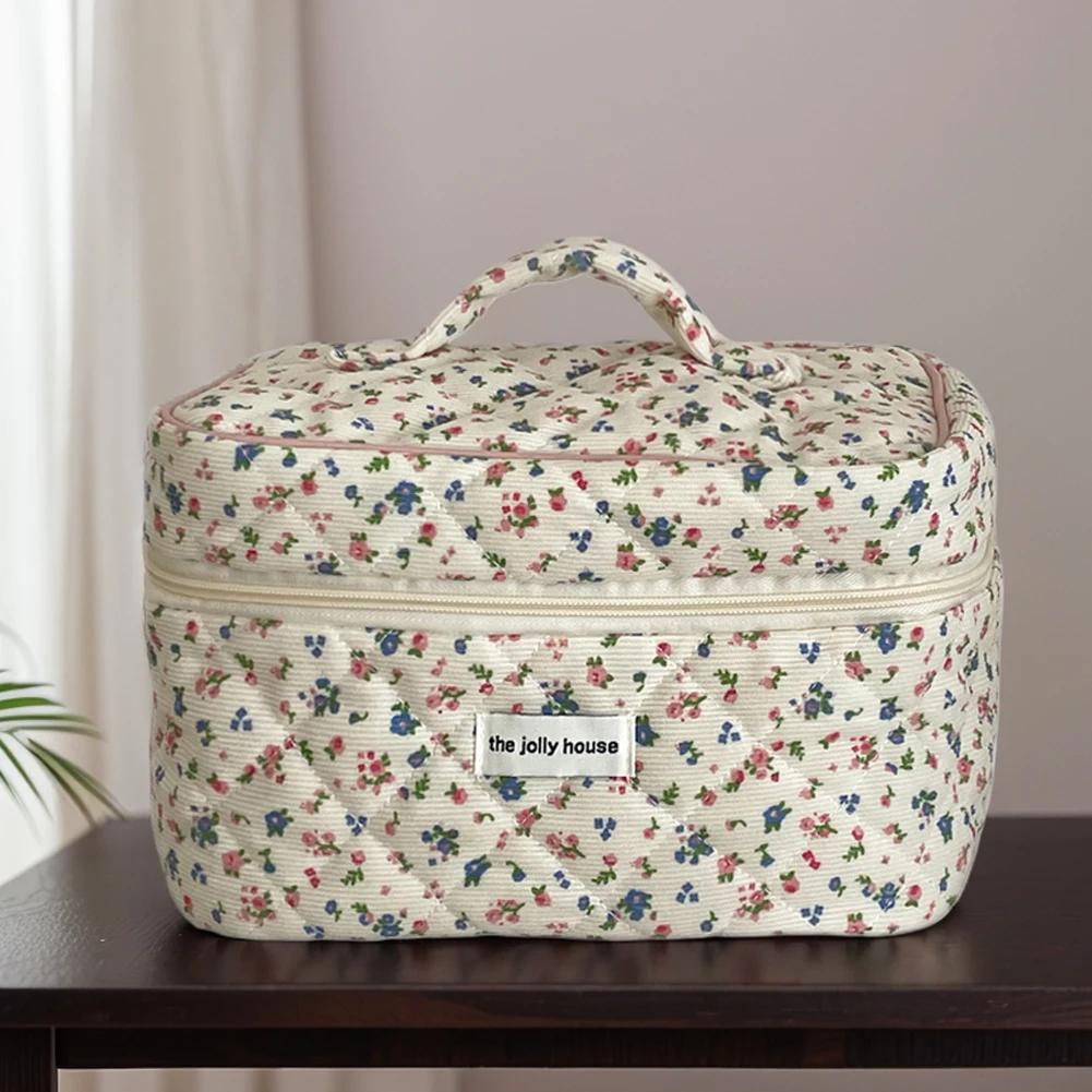 Floral Corduroy Toiletry Bag with Zipper Makeup Organizer Storage Bag Cosmetic Organizer Case for Women and Girls