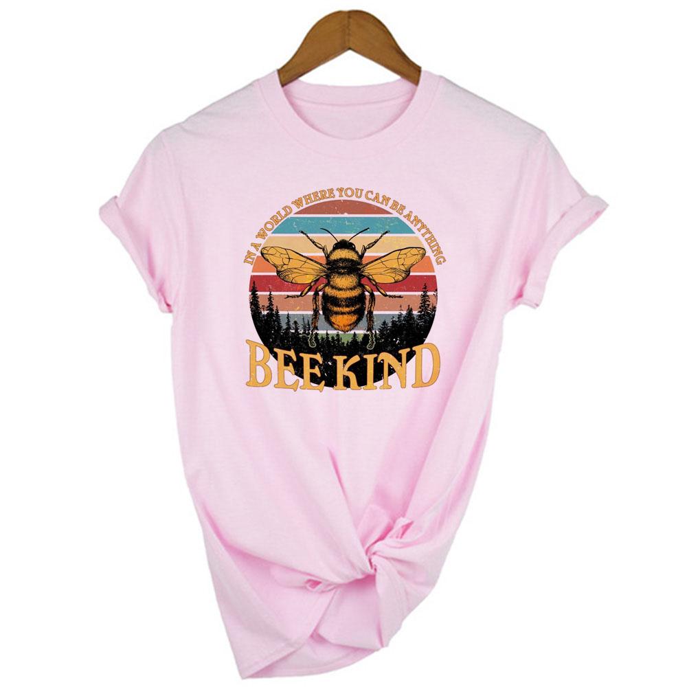 Women Printed Bee Kind Casual T Shirts Tops Fashion Shirt Graphic Tees Woman Clothes Harajuku Pink