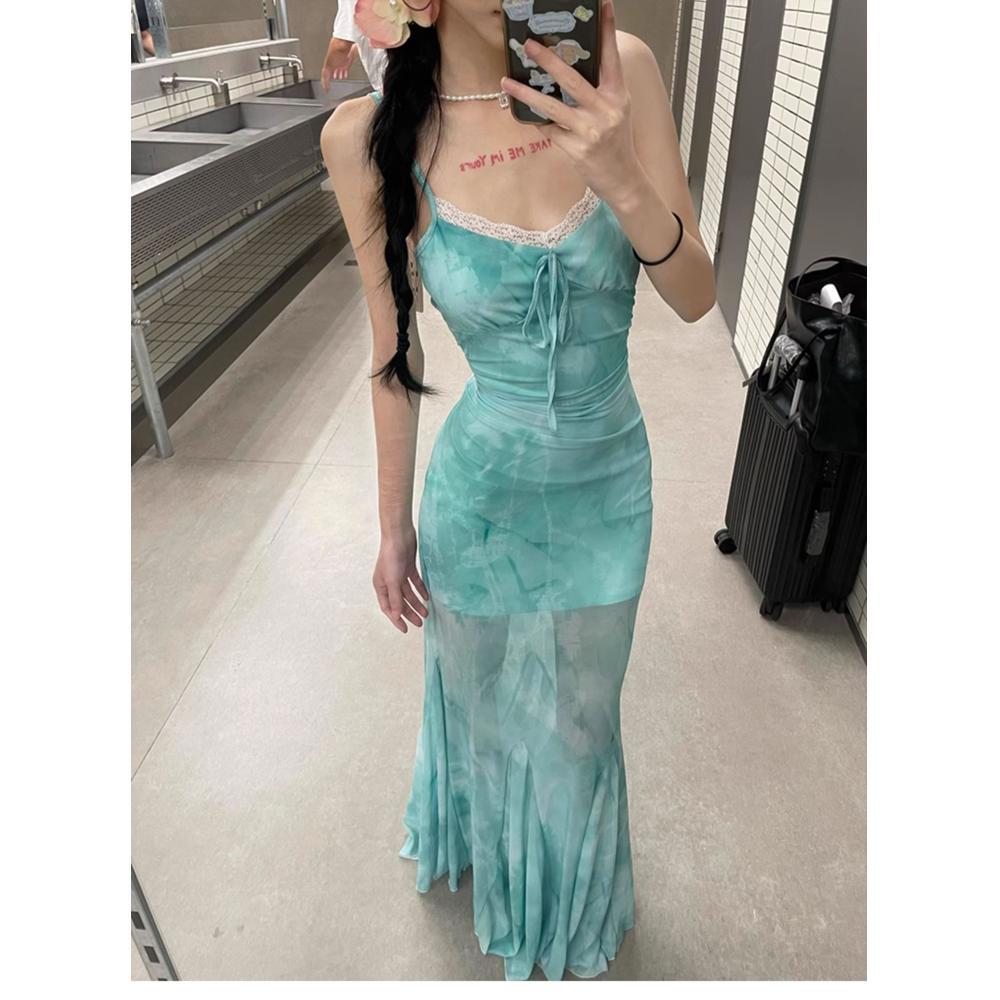 

Повседневное цветочное платье на бретелях красивое, уникальное и красивое, слим по талии, облегает бедра, юбка «рыбий хвост» лето S- (can be worn within 45kg)