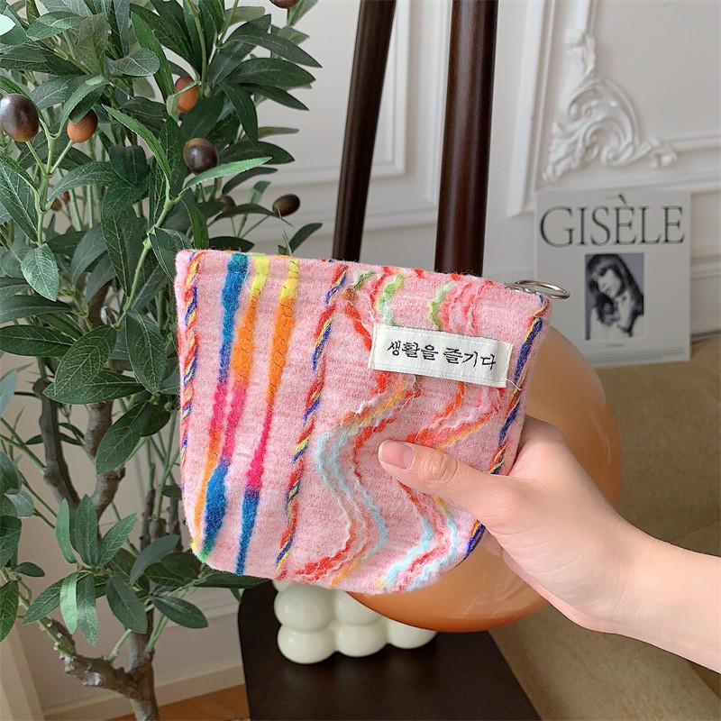 Stylish Korean Rainbow Stripe Retro Minimalist Portable Small Storage Bag Hand-held Cosmetic Bag Coin Purse StyleC