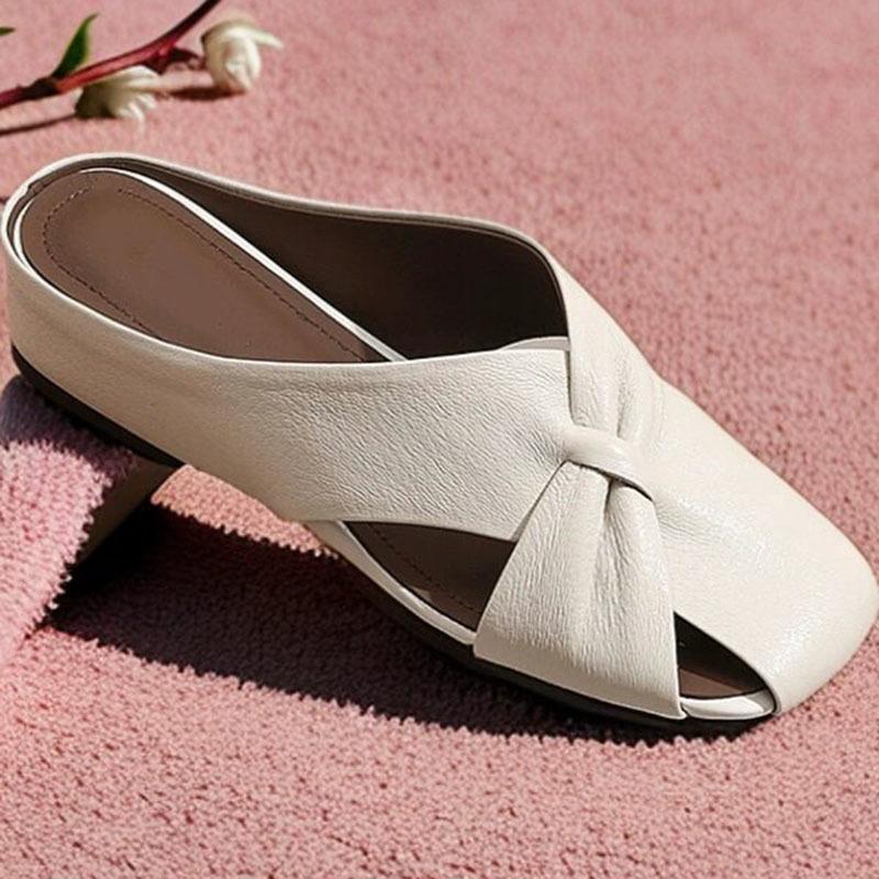 Women's Butterfly Knot Slip-On Flat Bottom Sandals Spring Autumn Outdoor Wear PVC Material Square Head Casual Slippers