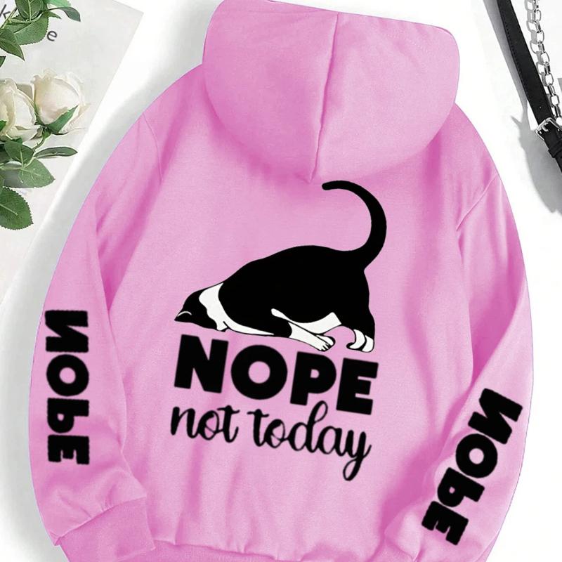 

Casual Woman Men Hoodies Nope Not Today Cute Cat Printing Pullovers Loose Pocket Warm Fleece Sweatshirts Autumn Female Clothing 4XL рожевий