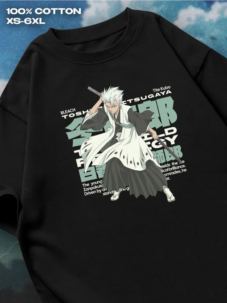 Bleach Toshiro Hitsugaya schwarzes T-Shirt Herren T-Shirt Damen T-Shirts mit Buchstabenaufdruck Kurzarm T-Shirt Lässiges Street T-Shirt Top