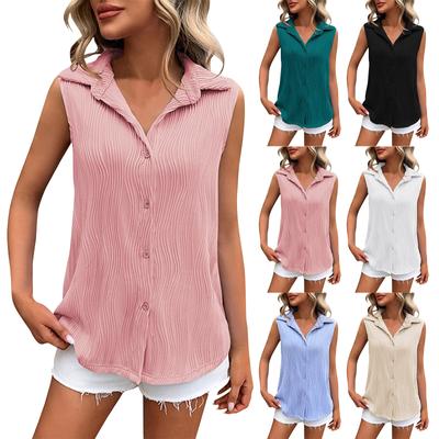Everyday Versatile Sleeveless Button Textured Collar Loose Casual Summer Top Vest