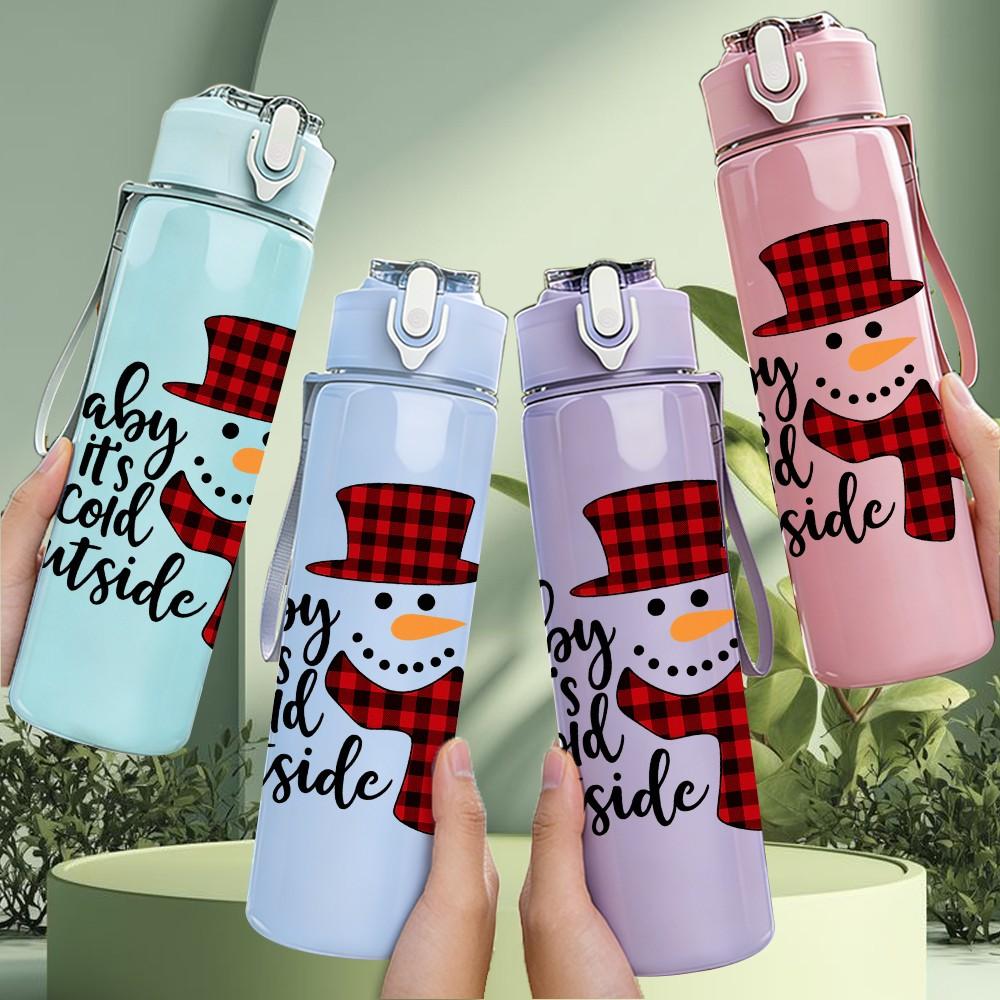 1PC Snowman Winter Outdoor Pattern 750ml Color Plastic Sports Water Bottle Leakproof Flip Straw Lid Suitable for Sports Office Home Use