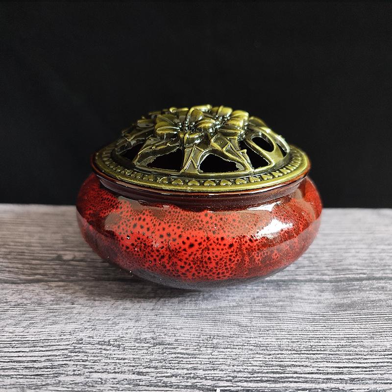 

Ceramic Ice Crack Coil Incense Burner with Copper Cover, Colorful Antique Alloy Incense Plate Aroma Diffuser Home Decor