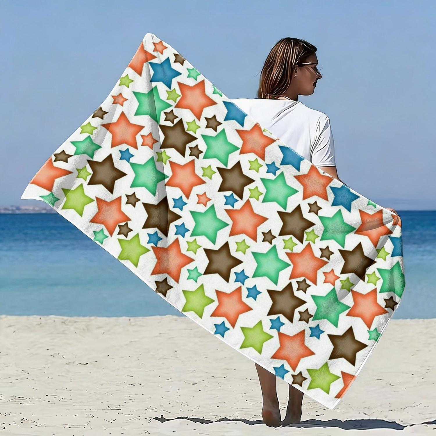 1Pc Colorful Stars Beach Towel Abstract Geometric Print Rainbow Design Quick Dry Microfiber Large Bath Towel For Kids Girls 50x100cm(20x40in)