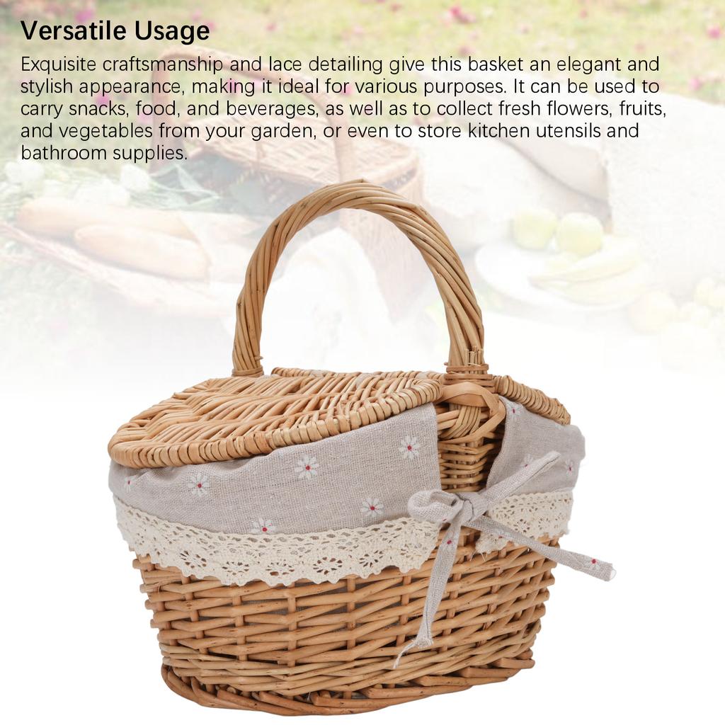 Wicker Picnic Basket with Double Lids Handle Removable Liner Hand Woven Picnic Basket for Outdoor Travel