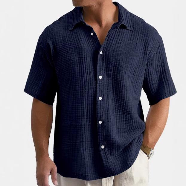 Sommar Lös Ledig Enfärgad Herrskjorta med Korta Ärmar