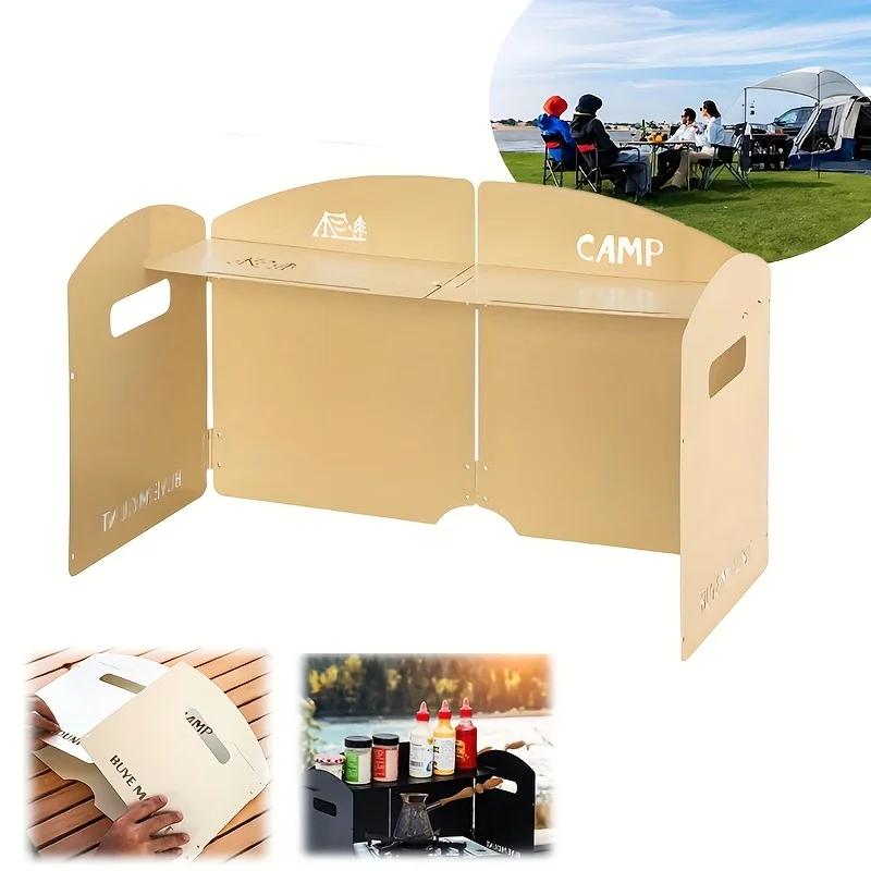 4-Sided Windproof Camping Windbreak Screen for Outdoor Cooking & BBQ - Foldable Portable Design with Spice Storage Shelf