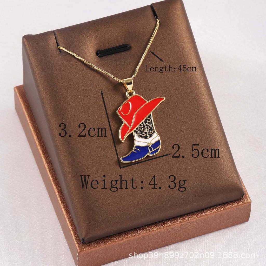 European-American Style Zircon-Inlaid Cowboy Hat Pendant and Boots Accessory in Copper Gold-Plated Necklace with Colorful Dripping Oil.
