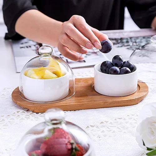 Japanese Tableware Black Ceramic Dessert Bowl Fruit Platter Creative Glass Cover Household Snack Plate Dried Fruit Cake Plate