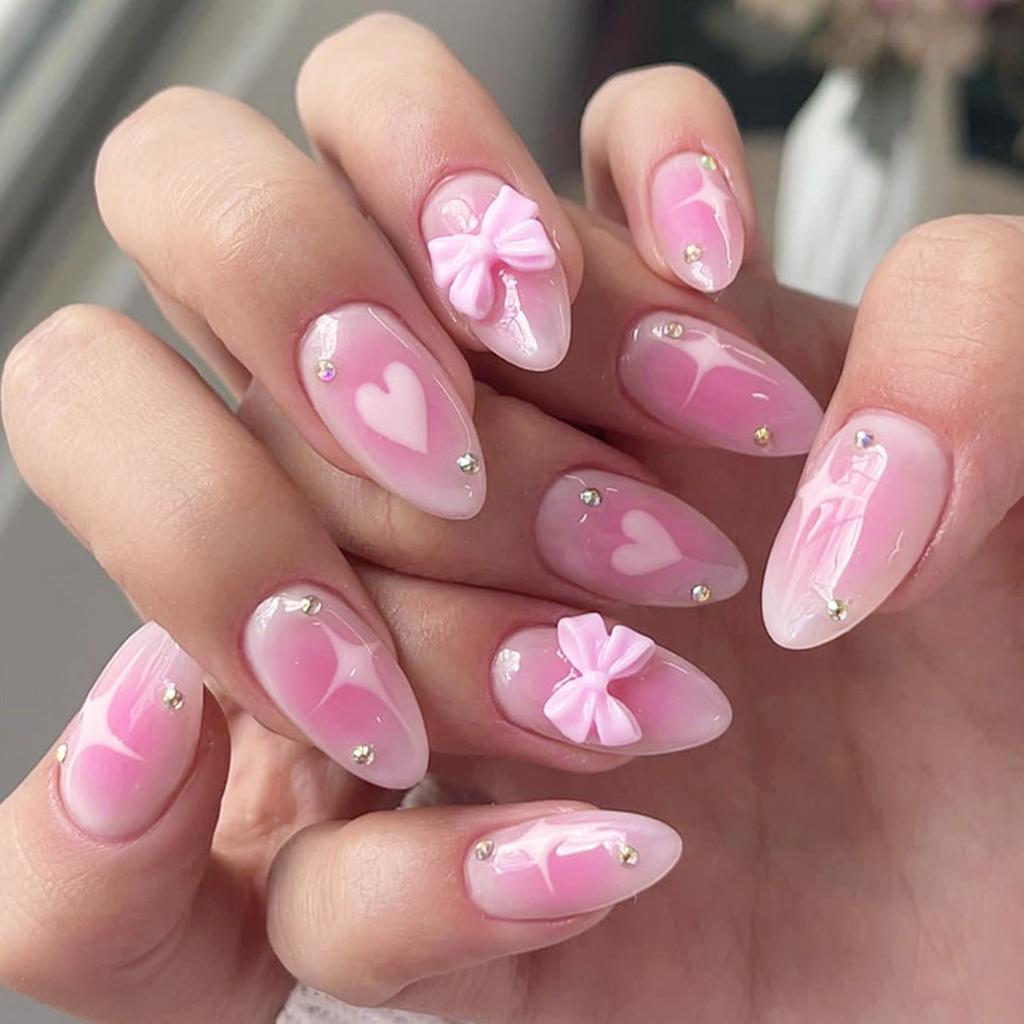 24 Pcs Medium Length Press on Nails Full Cover Cute False Nails for Shopping Traveling Dating
