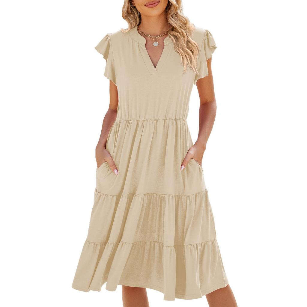 Spring Summer New Solid Color V-neck Loose Short Sleeve Waist-tucked Patchwork Dress for Amazon Cross-border Trade Women
