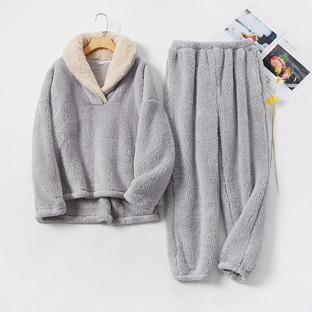 Fleece Pajama Set Women's Solid Long Sleeve Winter Terry Ladies Pijama Suit 2 Pcs with Long Pants Thick Warm Home Clothes Female