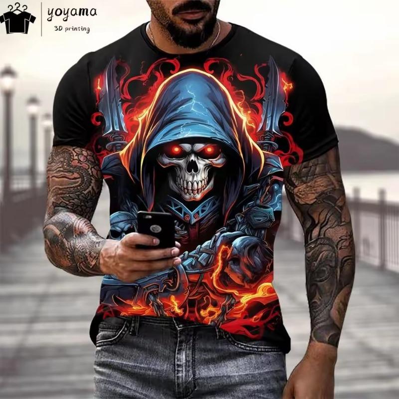 Skull Print Graphic T Shirts Gothic Style T Shirt Men Horror Theme Mens Clothing Men's Short Sleeve Tee Oversized T-shirt Tops