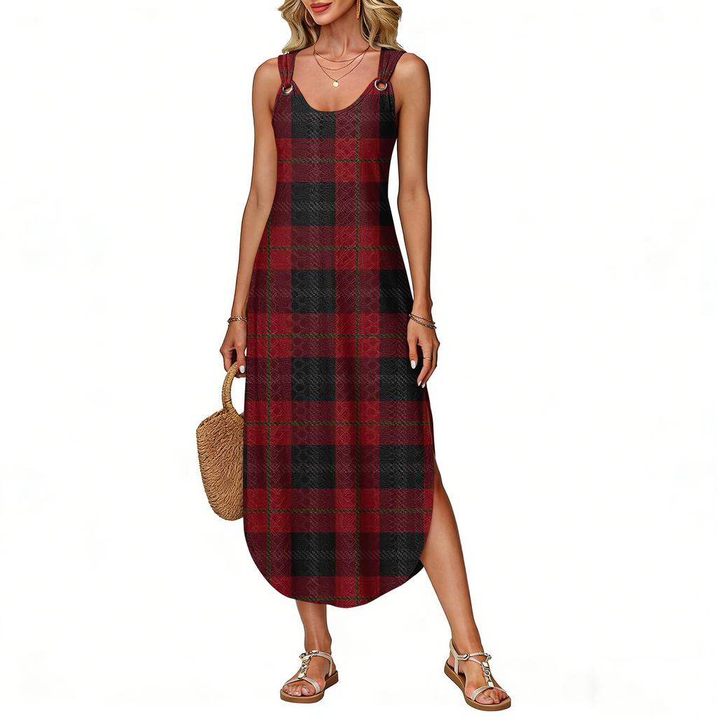 Women's Summer Long Dress, Sleeveless with Side Slits, Long Plaid Printed Vest Dress