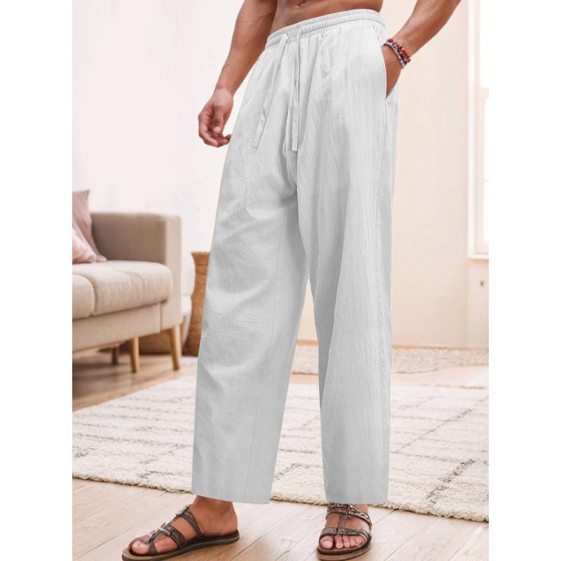 

Men s Linen Pants Lightweight Drawstring Elastic Waist Loose Fit Straight Legs Pants With Pockets Breathable Beach Yoga Work Linen Trousers for Men S белый