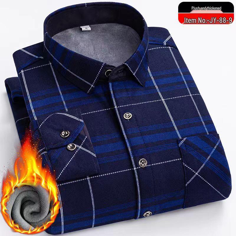 Men's Winter Fleece-Lined Plaid Shirt - Warm, Long-Sleeved Business Casual for Middle-Aged & Elderly, Plus Size Available