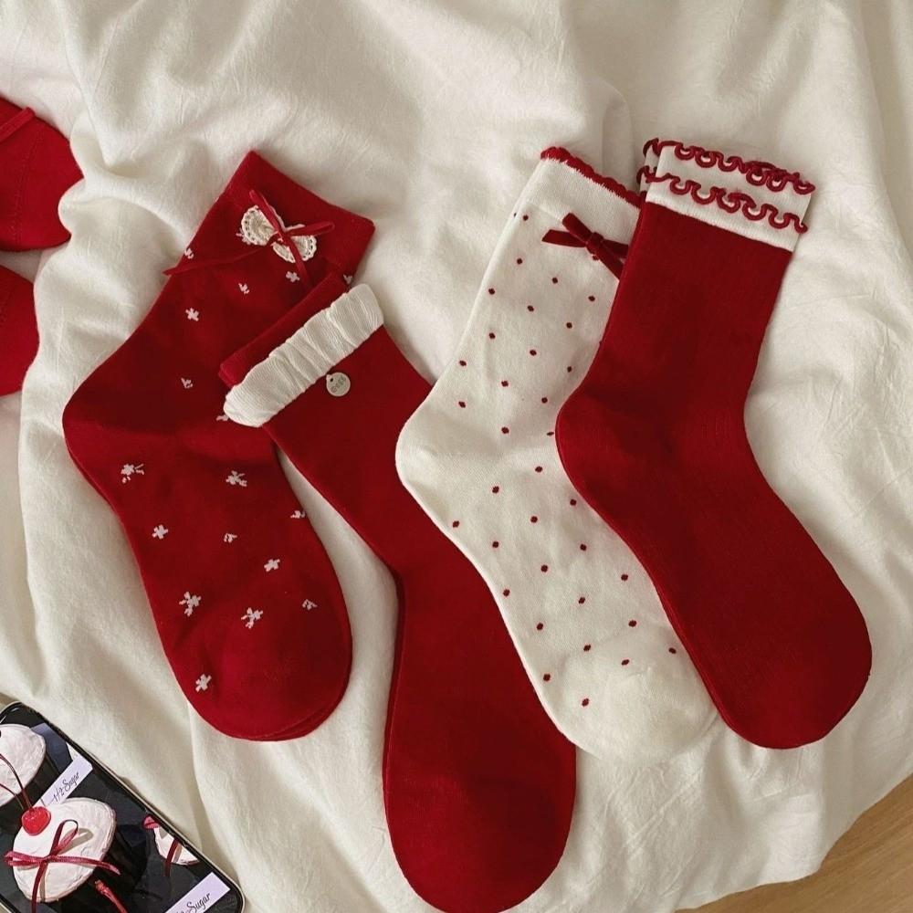 Red Color Sweet Girl Socks Double Layer Mid Tube Socks Festive Boneless Socks Holiday