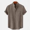 Men's Cotton and Linen Stand-up Collar Short-sleeved Solid Color Shirt Casual Cardigan Men's Shirt