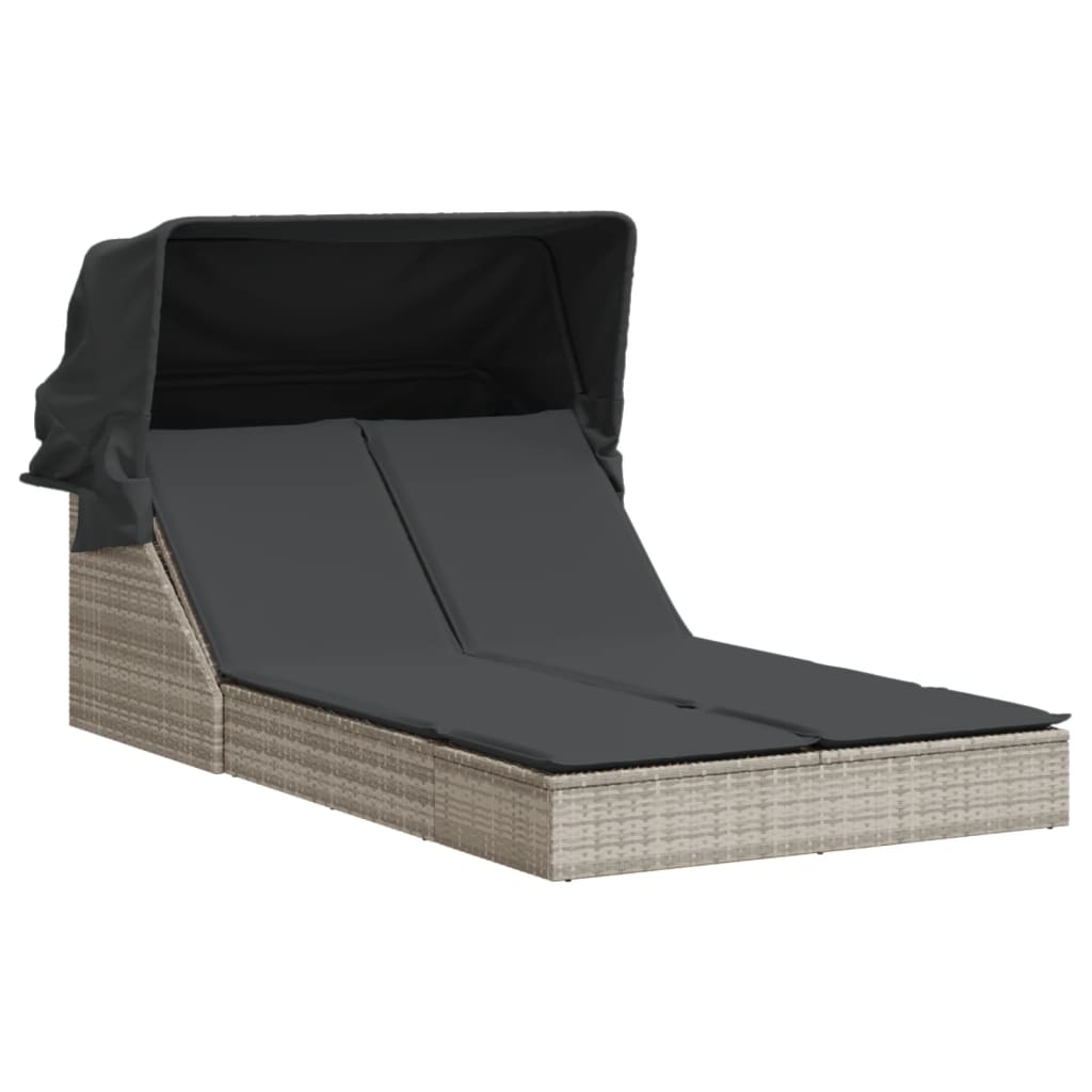 Double Sun Lounger with Canopy and Cushions Light Grey Poly Rattan