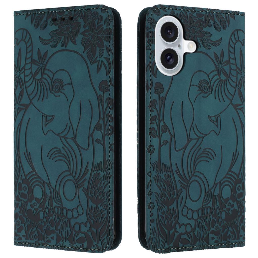 For iPhone 16 Plus Case PU Leather Wallet Phone Cover Elephant Pattern