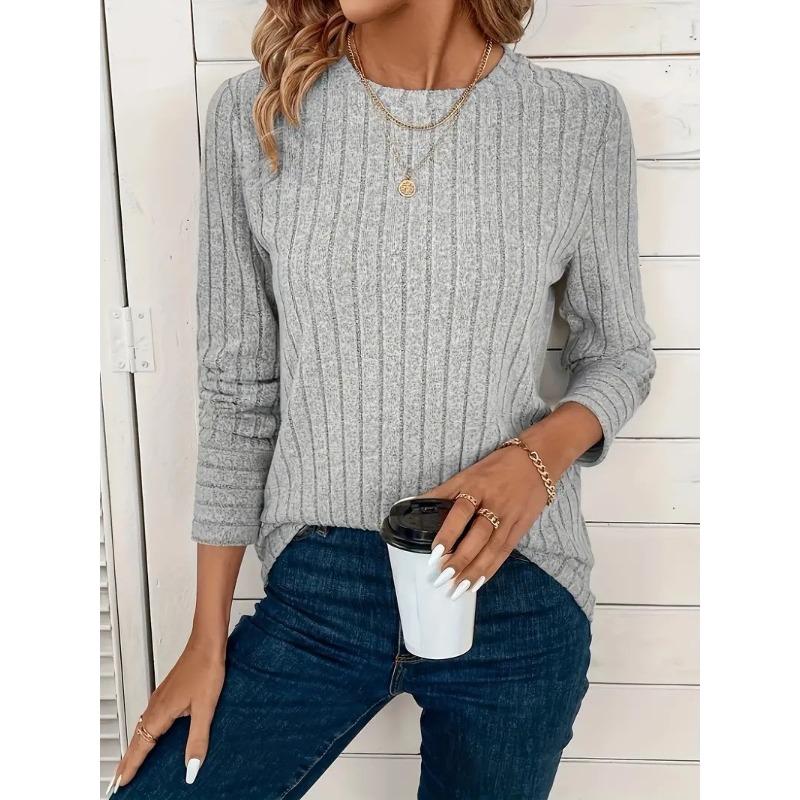 Solid Color Comfortable Round Neck Pit Stripe T-shirts for Spring and Autumn Casual Long Sleeves Women's T-shirts