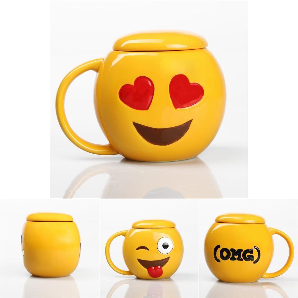 Kreslený Emoji Keramický Hrnek s Usmívající se Tváří a Víčkem pro Kancelářské Použití