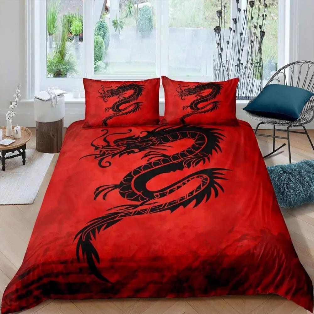 Red Base Black Dragon Print Duvet Cover Set Chinese Dragon Pattern Bedding Sets Full Size Microfiber 2/3 Pieces Comforter Sets