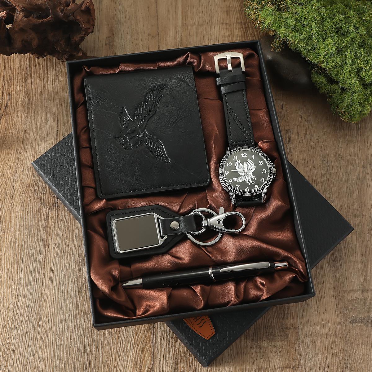 

Retro relief shell oil shell men s leather belt watch pen wallet keychain 4-piece gift box чёрный