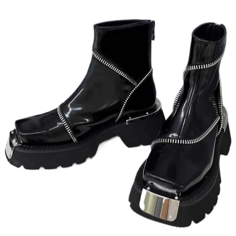 Ankle Platform Women Snow Boots Luxury Square Toe Mid Heels Leather Plush Shoes Winter 2025 Trend Designer New Goth Botas Mujer