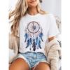 European Size Bohemian & Bead Print Short Sleeve Crew Neck T-Shirt - Casual Tee with Dreamcatcher Design, All-Season Wear, Casual Attire