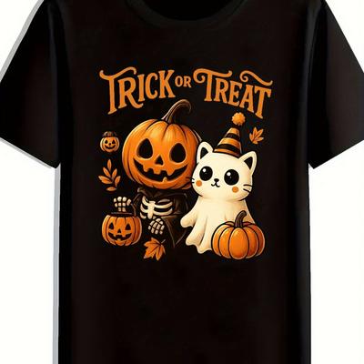 MenS Halloween Trick or Treat Graphic TShirt  Black Casual Short Sleeve Tee with JackOLantern  Cat Design Comfortable