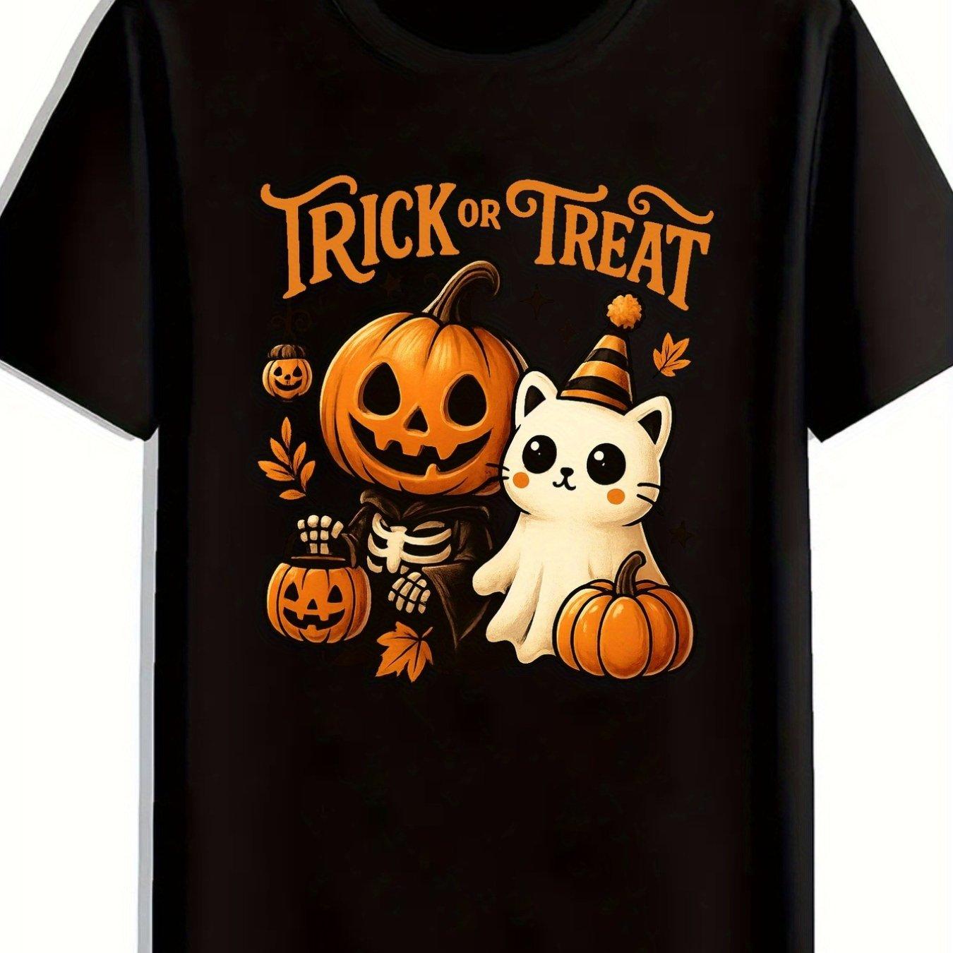 MenS Halloween Trick or Treat Graphic TShirt Black Casual Short Sleeve Tee with JackOLantern Cat Design Comfortable S