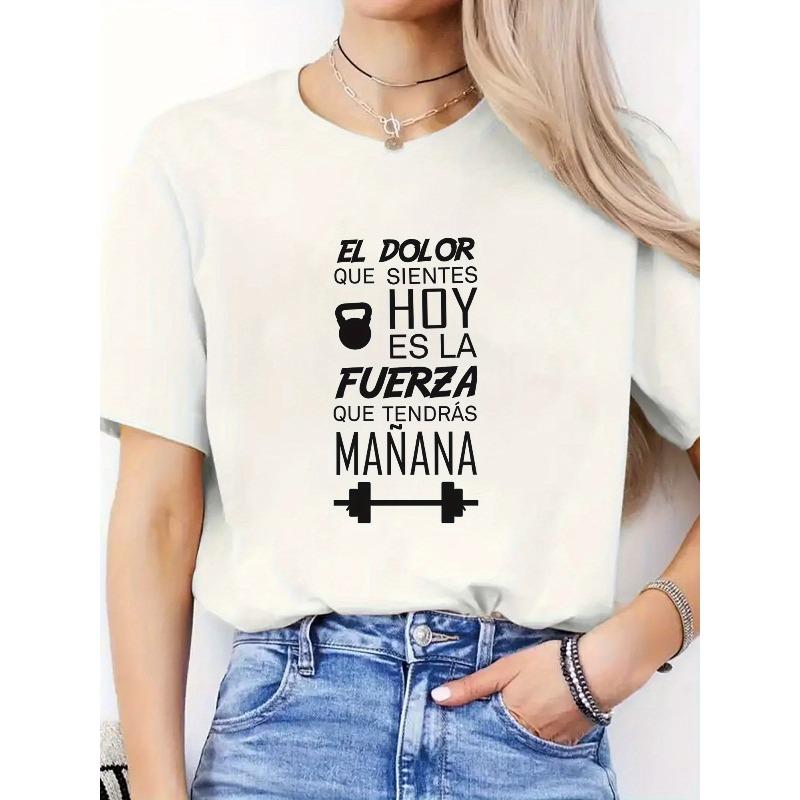 Women'S T-Shirt Featuring Letters And Cartoon Gym Equipment Patterns, Perfect for Summer Fashion, Comfort, And Breathable Short-Sleeve Round Neck