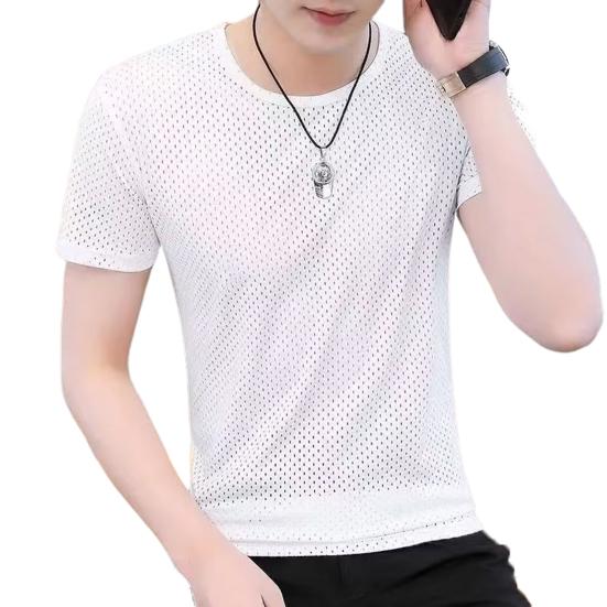 Men Top Breathable Round Neck Quick Dry Mesh Design Short Sleeve All-matched Solid Color Men Summer Top Outing Clothing