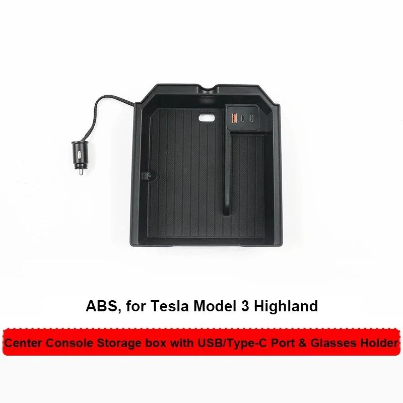 For Tesla Model Y Juniper 2025 Center Control Armrest Storage Box Model3 Highland USB Type C Charging Hub Glasses Clip Organizer