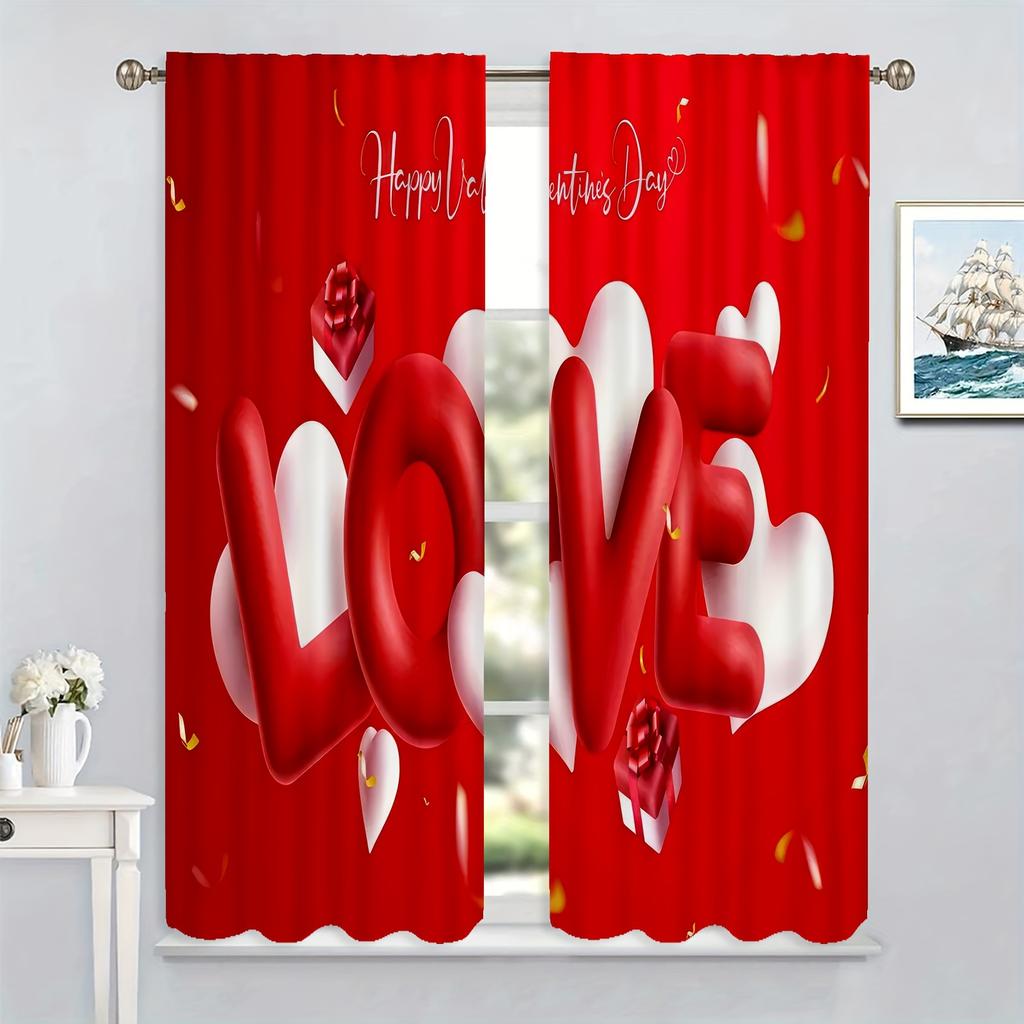 Set Of 2 Romantic Love Curtains Rose Red Heart Floral Hd Digital Print Semi Transparent Living Room Bedroom Curtain Polyester Machine Washable Ideal