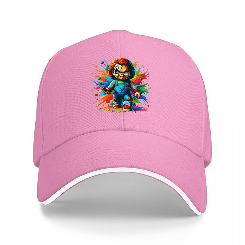 Chucky Horror Movie Character Baseball Cap Black Adjustable Hat with Colorful Splash Design for Fans of Classic Horror Films